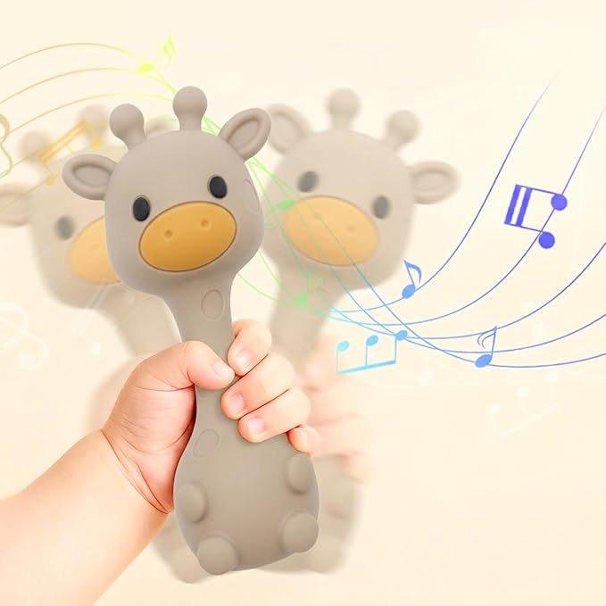 Silicone Little Giraffe Shaker Rattle Toy for Babies | Food Grade Silicone Teether | Easy to Grip | BPA Free (Sand)