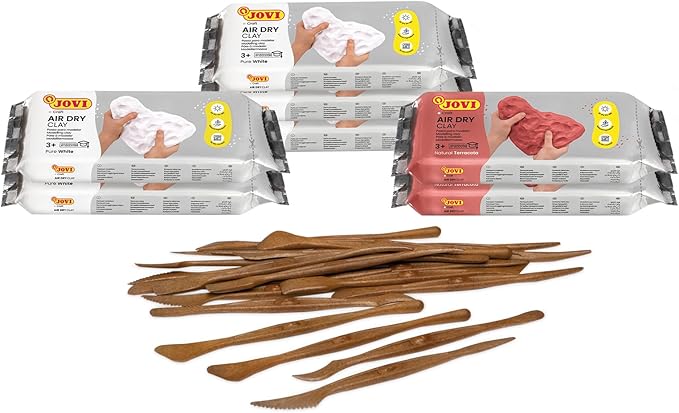 Jovi - Complete Air Dry Clay Set - 5 White and 2 Terracotta 1.1 lb Bars + 20 Sculpting Tools - Plastic Container - Easy to Store and Carry - Pottery Supplies