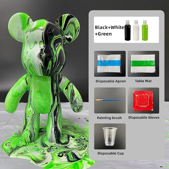 HANDA DIY Painting Fluid Bear Teddy Bear Painting Kit Set Creative Home Decorations Handmade Doll Figurine Toys Gift for Birthday Valentines (13.4 inch, Green+Black+White)