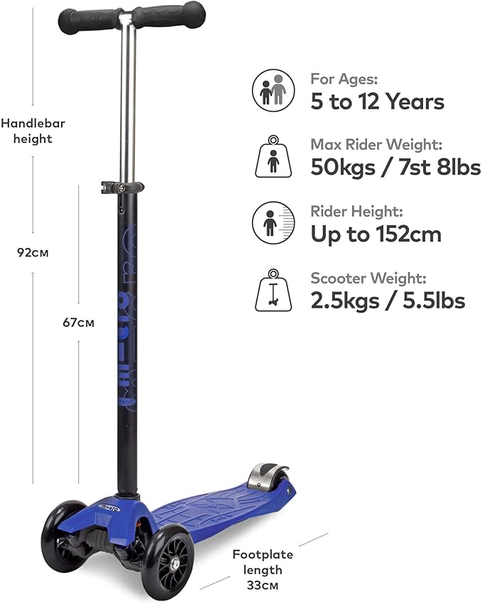 Micro Kickboard | Maxi Original Kids Scooter for Ages 5-12 | Children up to 110 lbs | 3 Wheel Lean-to-Steer Design | Adjustable T Bar | Smooth Ride PU Wheels | Swiss Design