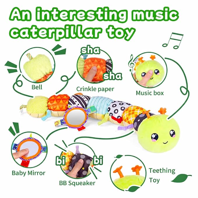 2026 Soft Plush Caterpillar Baby Musical Toy for 0-12 Months Newborn Tummy Time Training, Infant Sensory Stuffed Doll with Rattle, Crinkle Paper & Mirror, Unisex Baby Shower Gift for Boys Girls