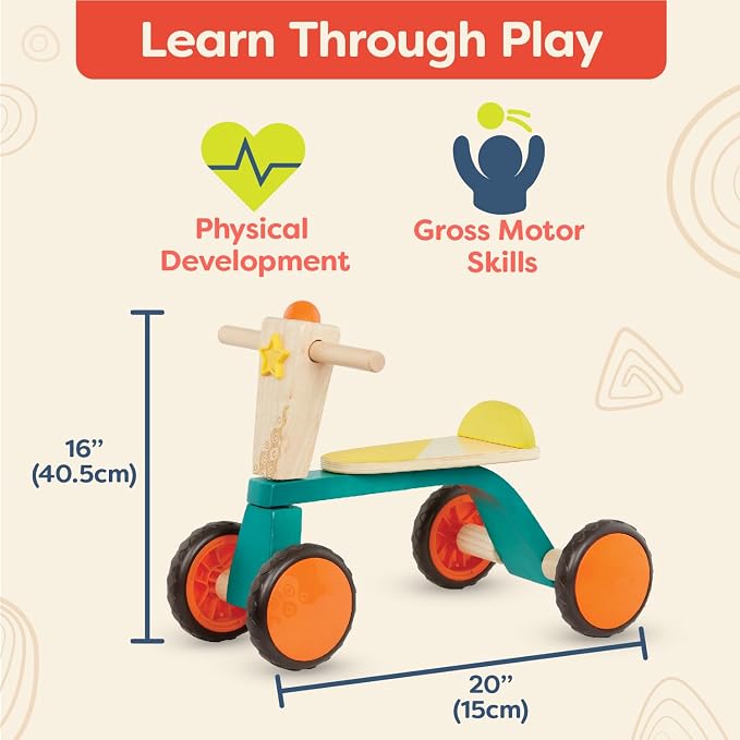 B. toys – Smooth Rider – Ride On – Wooden Toddler Bike – Balance Toys for Toddlers – Push & Ride Bike – Four Wheels – 18+ Months, Large, Multicolor