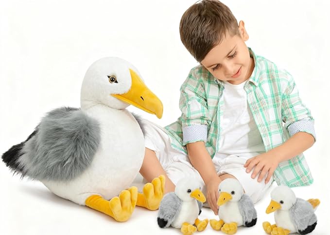 MaoGoLan 4Pcs Seagull Stuffed Animal with Babies Inside,17.7" Mama Seagull Plush with Three Adorable Baby Plushies for Small Hand,Beach Plush Lover Gift for Kids,Boys,Girls