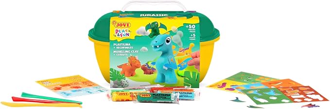 Jovi - Play&Fun Jurassic, Character kit for Children with Modeling Clay | Includes Cutouts, 24 Non-Drying Clay Sticks and Tools to Create Dinosaurs, DIY Art for Kids
