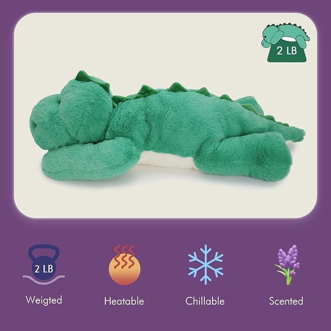OSOCU® Microwavable & 1.8 LB Weighted Stuffed Animal - Green Dino Heating Pad with Lavender & Tourmaline - Soothing Warm Heatable Plush Toy for Menstrual Cramps, Muscle Aches, Shoulder Tension