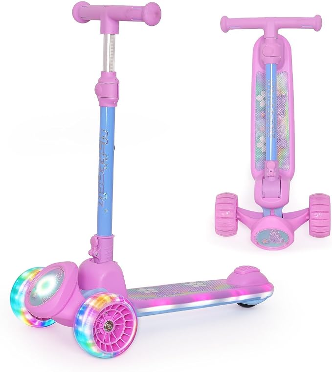 Nattork Kids Scooter for Girls with Light Up Wheels, Deck and Headlight, Wide Anti-Slip Deck and T-bar Handle with Rear Foot Brake, Adjustable Height 3 Wheel Scooter for Kids Ages 3+ and up to 220Lbs