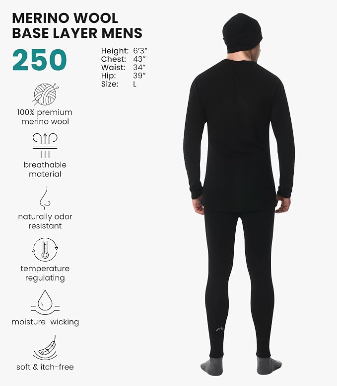 Merino.tech Merino Wool Base Layer Mens Set - Heavyweight, Midweight, Lite Merino Wool Thermal Underwear For Men Top, Bottom