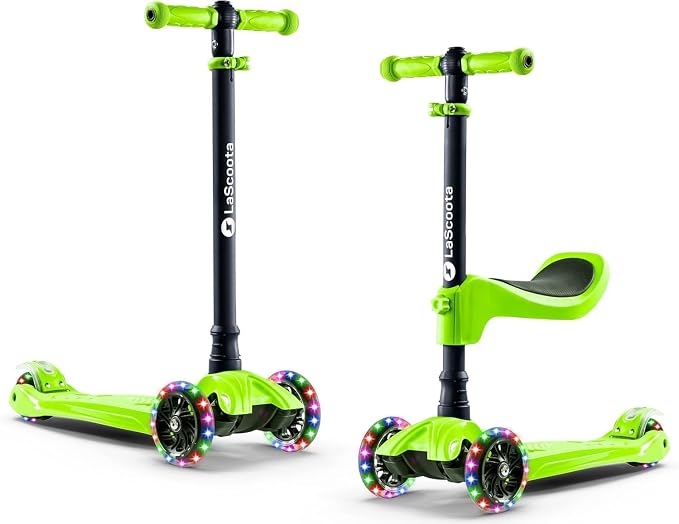 LaScoota 2-in-1 Kids Kick Scooter, Adjustable Height Handlebars and Removable Seat, 3 LED Lighted Wheels and Anti-Slip Deck, for Boys & Girls Aged 3-12 and up to 100 Lbs.