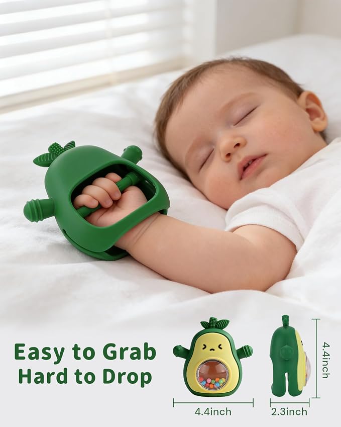 Baby Teething Toys, Easy Hold Stay-On Silicone Hand Mitten Teether with Rattle, Sensory Teething Relief for 3–6 and 6–12 Month Babies