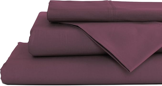 Linen Home 100% Cotton Percale Sheets Full Size, Damson Berry, Deep Pocket, 4 Pieces Set - 1 Flat, 1 Deep Pocket Fitted Sheet and 2 Pillowcases, Crisp Cool and Strong Bed Linen