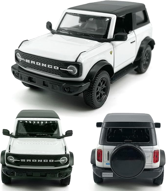 2-Door Bronco Badlands Model Car 1/36 Scale Diecast Toy Cars Metal Alloy Children’s Vehicles, Pull Back Doors Open, Black Rim, Mens Collection, Kids Toys for Boys Gifts, Cake Topper Home Décor, White