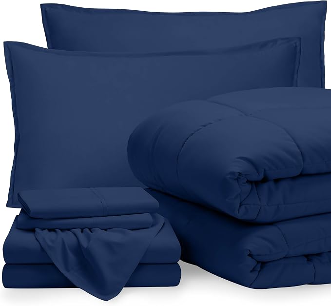 Bare Home Bed-in-A-Bag 7 Piece Comforter & Sheet Set - King - Goose Down Alternative - Ultra-Soft 1800 Premium - Bed Set (King, Dark Blue/Dark Blue)