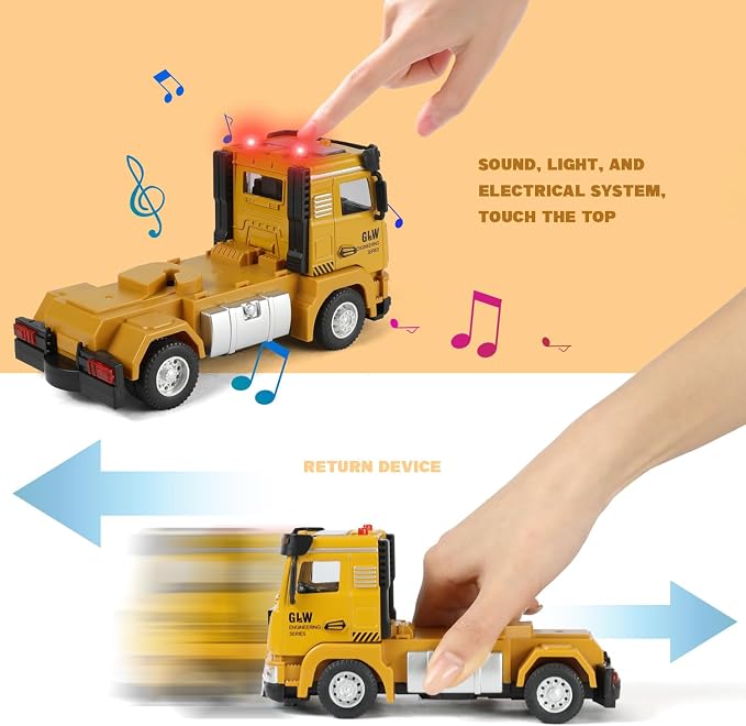 Kids Construction Truck Vehicles Toys 3 Set, Inertial Driving Metal Semi Truck Trailer and Diecast Excavator Bulldozer with Lights Sounds and Movable Parts Learning Toys Gift for Boys