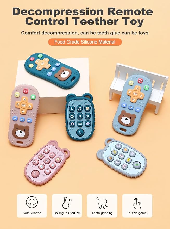 HippoBaby 2-Pack Silicone Teethers – Remote Control & Phone Teething Toys with Popper Buttons, BPA-Free, CPC Certified Baby Essentials for Infants & Toddlers (Remote/Phone - Light Pink/Deep Pink)
