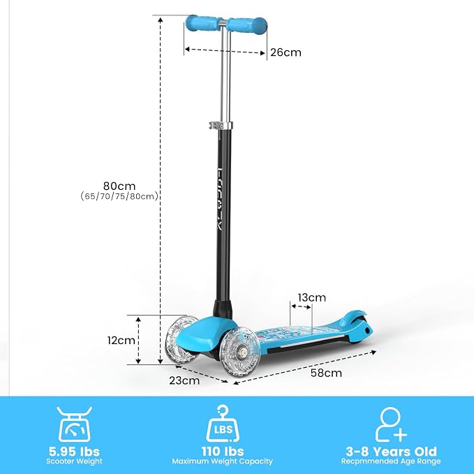 TONBUX Kids Scooter for Ages 3-8: 3-Wheel Kick Scooter with LED Light-Up Wheels & Deck, 7 Lighting Modes, 4 Adjustable Heights, Metal-Reinforced Deck, Lean-to-Steer Balance Training Toddler Scooter