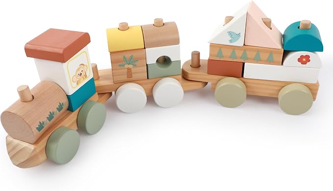 Freniland Wooden Train Set 18PCS Blocks Train Toy DIY Educational Building Stacking Train Gift for Toddlers 18M+