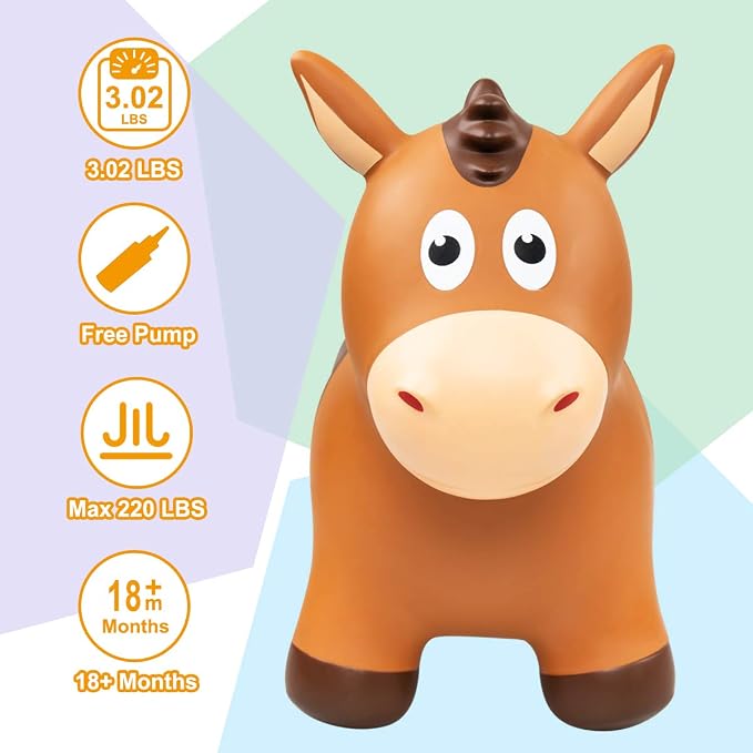 Bouncy Animals Horse for Toddlers, Hopping Toys for Kids, Outdoor Indoor Inflatable Ride on Jumping Horse, Birthday Gift for Boys Girls 18 Months 2 3 4 5 6 Year Old