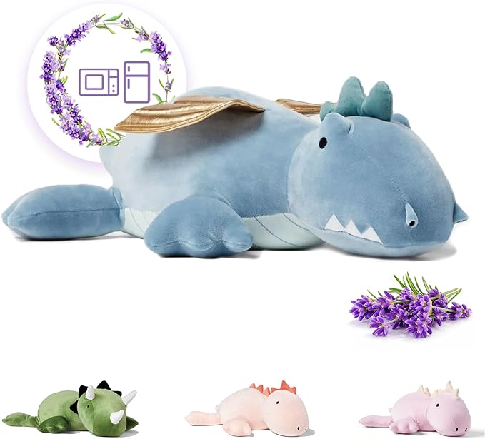 OSOCU® Microwavable Heating Pad Blue Winged Dragon Plush - 1.4 Lb Weighted Stuffed Animal Toy with Tourmaline Beads & Lavender - 16" Squished Long Dinosaur Pillow - Lumbar Back Cushion Lasting Warmth