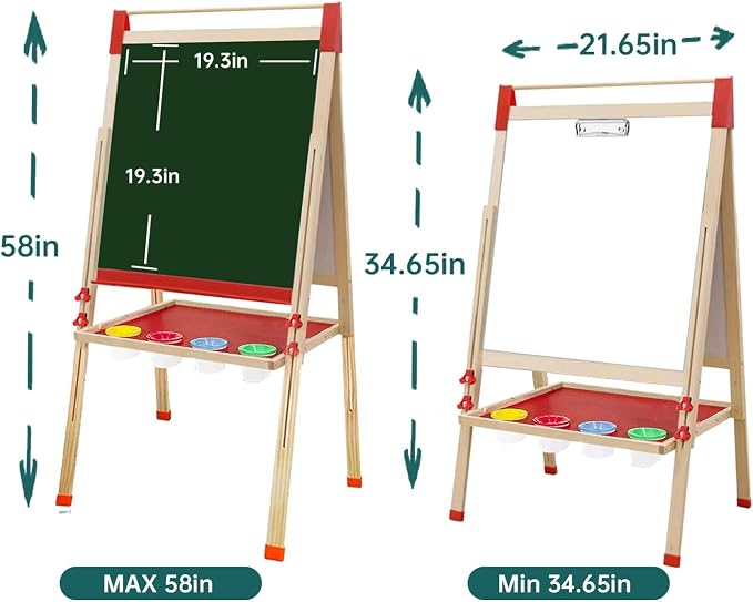 Double-Sided Chalk & White Board Magnetic Art Easel for Kids, Adjustable Height Wooden Easel with Alphabet Numbers, Paper Roll, Educational Toys for Toddlers