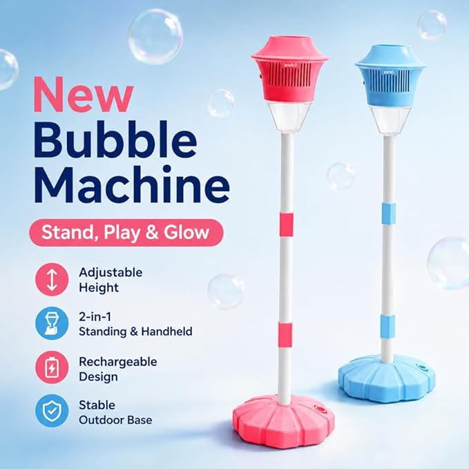 New Bubble Machine, 47in Rechargeable Automatic Bubble Maker with Light Music, 3 Level Heights Adjustable, Detachable Bubble Wand for Outdoor Party Wedding, Includes Bubble Solution (Blue)