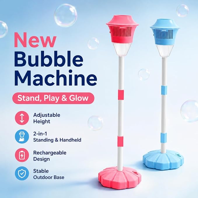 New Bubble Machine, 47in Rechargeable Automatic Bubble Maker with Light Music, 3 Level Heights Adjustable, Detachable Bubble Wand for Outdoor Party Wedding, Includes Bubble Solution (Red)