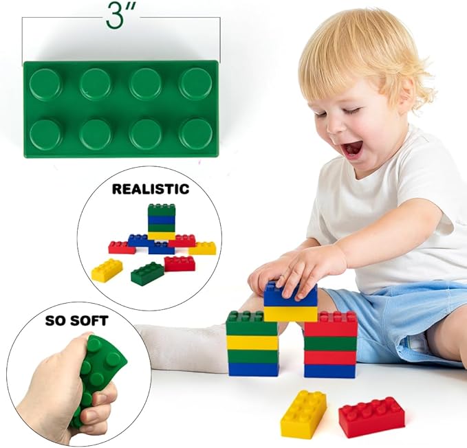 ArtCreativity Building Block Stress Relief Toys for Kids, Set of 12, Stacking Construction Foam Squeeze Toys in 4 Vibrant Colors, Birthday Party Favors, Goodie Bag Fillers Office Gifts Sensory Fidget
