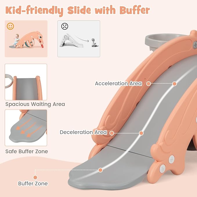 Costzon 4 in 1 Toddler Slide Rocking Toy, Slide for Kids with Basketball Hoop, Rocking Horse, Climber Playground Kids for Both Indoors Outdoor Use (Pink Frog)