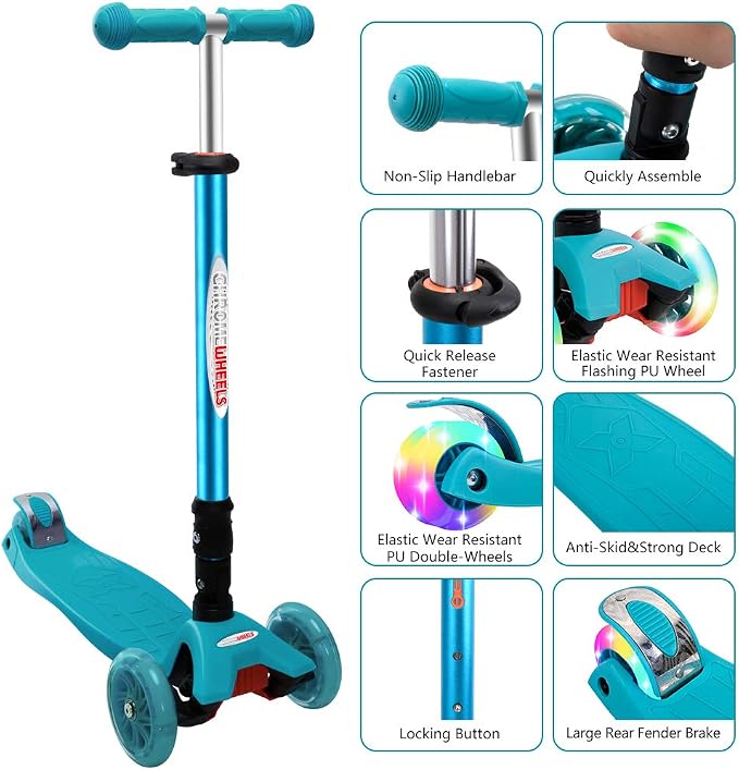 ChromeWheels Foldable Scooters for Kids, Deluxe Kick Scooter 4 Adjustable Height 132lbs Weight Limit 3 Wheel, Lean to Steer LED Light Up Wheels, Best Gifts for Girls Boys Age 3-12 Year Old