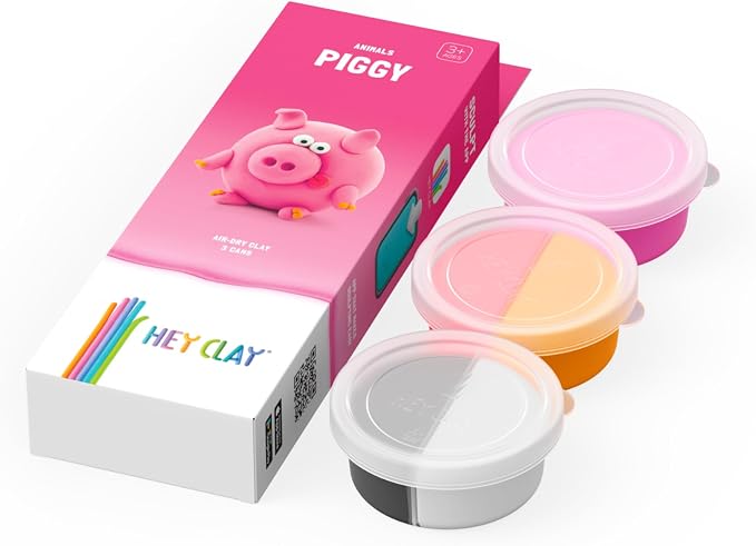 Hey Clay Animals - Claymate Piggy - Colorful Modeling Air Dry Clay for Kids - Air Dry Clay Kit 3 Cans with Fun Interactive App