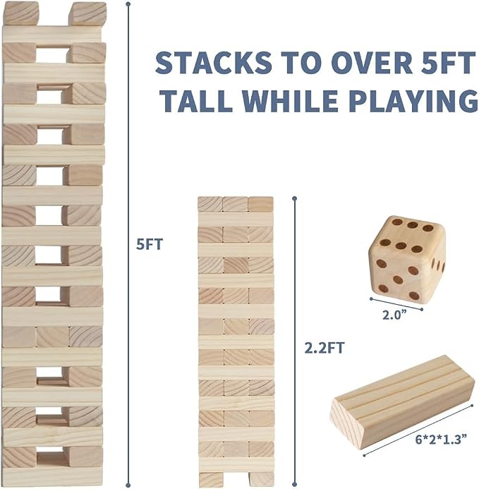 Megwoz Giant Tumble Tower Family Games for Kids and Adults 60 Blocks New Zealand Pine Wooden Blocks Stacking Up to 5 FT for Indoors Outdoors Yard Games for Family