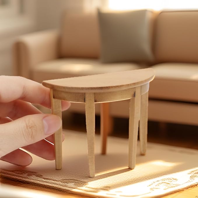 Miniature Half Moon Table Dollhouse Furniture 1/12 Scale for Living Room Bedroom Hallway, Entrance, Small Spaces, DIY Doll House Accessories (Woody)