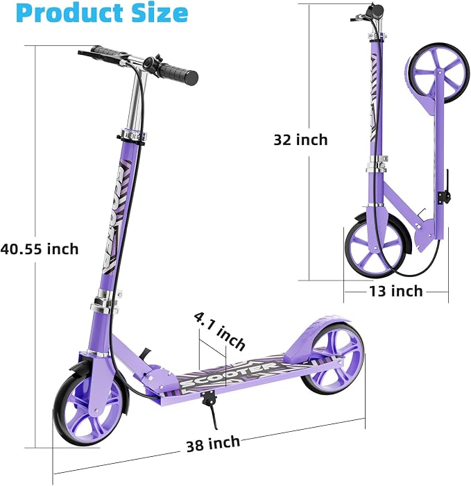 Scooters for Kids 8-12, Teens & Adults - Lightweight, Foldable, 8-Inch Big Wheels, Hand Brake & Bell, 4 Adjustable Height Levels, 240 lbs Max Load, Perfect for School, Campus and Park Rides