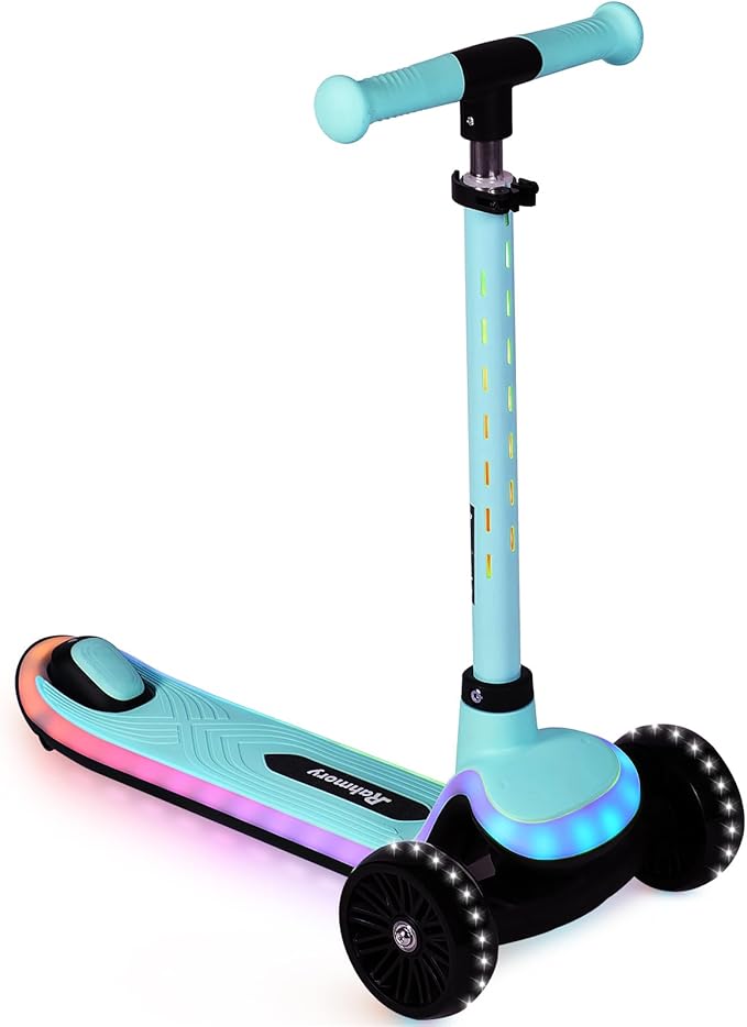 Rahmory Kids Scooter for Boys Girls Ages 3-8, 3 Wheel Light Up Toddler Kick Scooter with 20 Dynamic LED Modes, Foldable Adjustable Height, Extra Wide Deck, Lean to Steer Outdoor Toy Gift