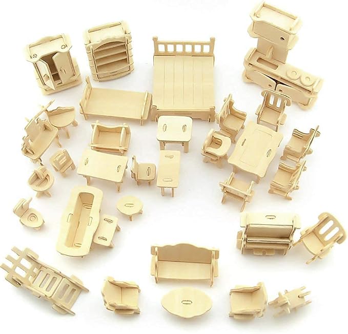 CUTEROOM 3D Wooden Puzzle House, DIY Dollhouse Miniature Kit - Wooden Model Kit (Separate House) with Furnitures -Adult Interactive Puzzle Set