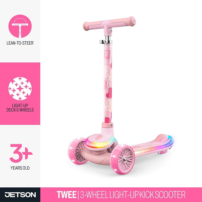 Jetson Twee 3-Wheel Light-Up Kick Scooter, Kids’ Scooter with LavaTech Deck Lights, Adjustable Handlebar Height, 4.7-Inch Wheels, Ages 3+