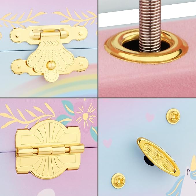 RR ROUND RICH DESIGN Kids Music Jewelry Box with Foil Gold Unicorn Theme Spinning Playback the Tune for Beautiful Dream Song Pink-Green