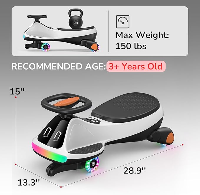 Umatoll 12V Electric Wiggle Car for Kids with Pedal, Display, Rechargeable Battery, LED Light, Bluetooth, Light-Up Wheels, Anti-Rollover, 2 Speeds, Ride on Toys, Birthday Gifts for Age 3+, 150Lbs