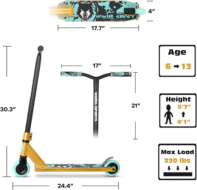 Pro Scooter - Trick Scooters | Entry Level Stunt Scooter for Kids Ages 6-12 Years and Up, Lightweight Complete BMX Freestyle Scooter for Beginners (2022 Black Gold)