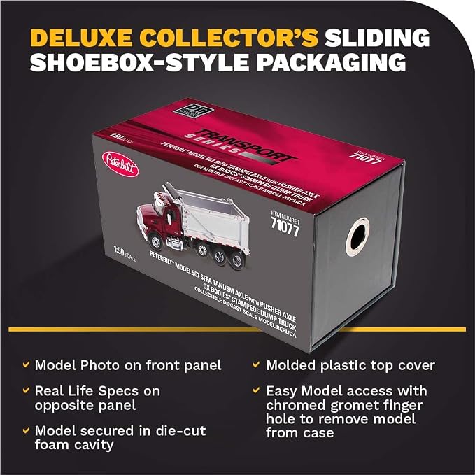 Diecast Masters Peterbilt Model 567 Dump Truck - Metallic Red | Tandem with Pusher Axle PACCAR Engine, Ox Bodies Stampede Cab 1:50 Scale Semi Trucks 71077