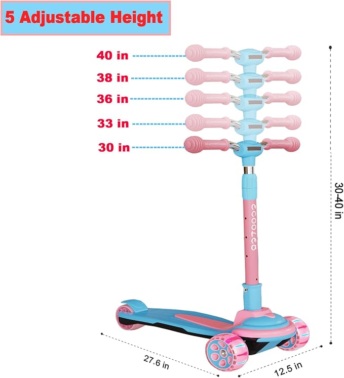 Kick Scooter for Kids Ages 3-12, 5 Adjustable Height Foldable Scooter with 3 LED Light Wheels, Outdoor Activities for Toddlers Boys Girls, Max Load up to 165 lbs