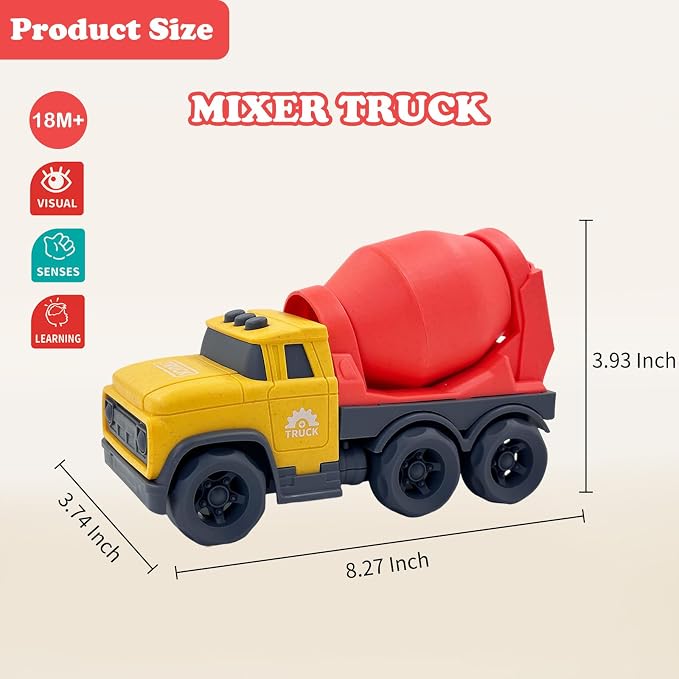 Aigitoy Toddler Car Toys for 1-3 Year Old, Yellow Mixer Truck, BPA Free, Phthalates Free, PVC, Recycled Plastic, Construction Truck, Kids Outdoor Toys, Christmas Birthday Gifts for Boys Girls