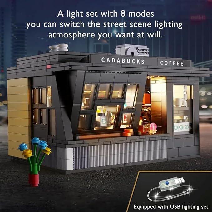 Coffee House Building Blocks Set with Lights, Detailed Street View Architecture Model, Café Interior & Accessories, Gift for Teens Adults 14+(768pcs)
