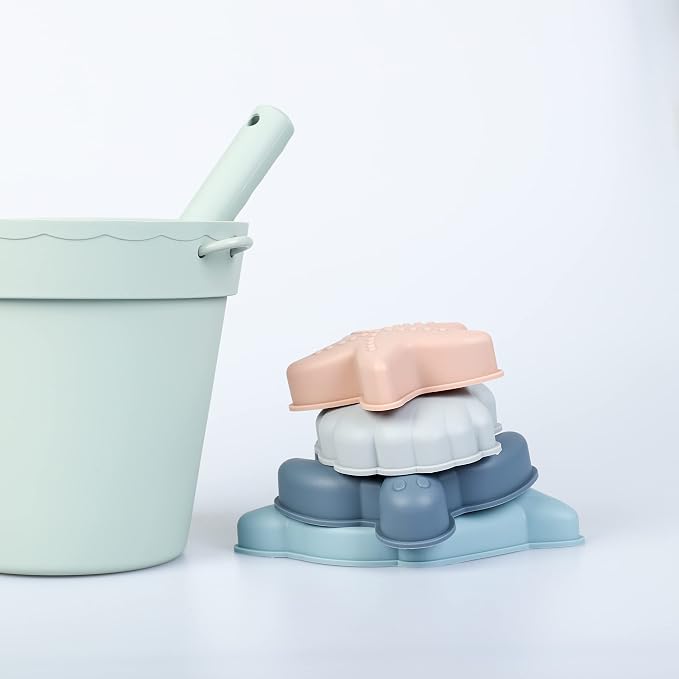 BLUE GINKGO Silicone Beach Toys - Modern Baby | Travel Friendly Set Bucket, Shovel, 4 Sand Molds, Bag for Toddlers, Kids Green