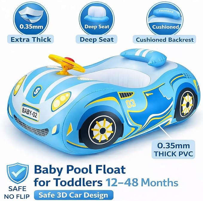 Baby Pool Float Toddler Floaties 3D Car Baby Float for 12-48 Months Inflatable Heavy Duty 0.35mm PVC Seat Boat Pool Toys Float No Flip Swimming Floaties for Boys&Girls1-5 Years