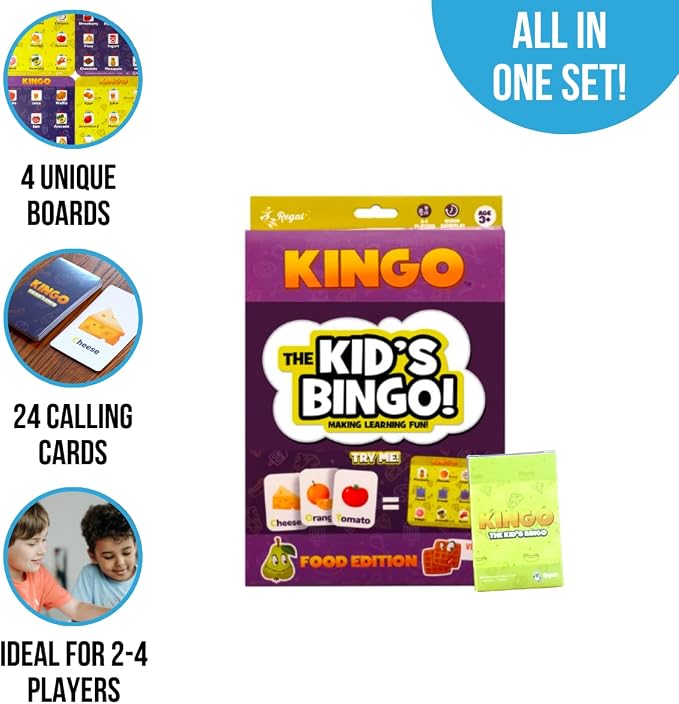 Regal Games Kingo Foods Edition Bingo Game for Kids - Fun Educational Learning for Preschool & Kindergarten - Phonics, Vocabulary Builder & Sight Word Game for Classroom & Home