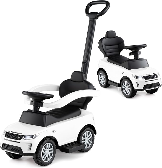 OLAKIDS Push Car for Toddlers, 3 in 1 Licensed Landrover Baby Ride on Toy with Parent Control Handle Safe Guardrails, Kids Sliding Walker with Under Seat Storage Horn for Boys Girls (White)