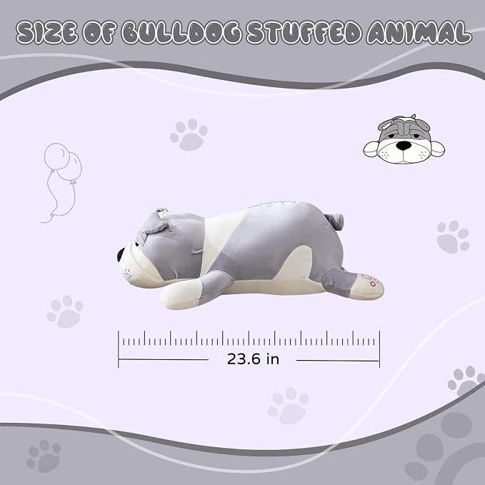Bulldog Stuffed Animal,23.6 Inch Large Gray Dog Plush Pillow,Cuddly Puppy Plush Doll,Birthday for Toddlers,Boys,Girls