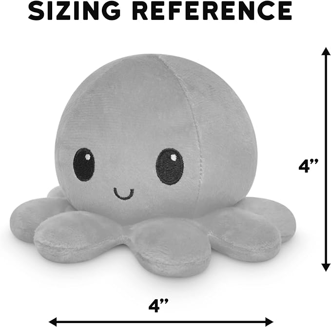 TeeTurtle Reversible Octopus Plushie 4-Inch Black + Gray Two-Sided Flip Plush Toy with Embroidered Details - Cute Mini Collectible Plush for Kids, Teens, and Adults