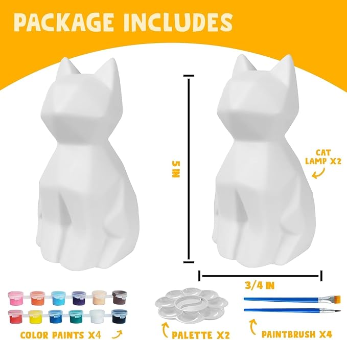 Goody King Paint Your Own Cat Lamp Kit, 2PCS DIY Cat Crafts Night Light, Easter Basket Stuffers, Arts & Crafts for Kids Ages 8-12, Painting Kit for Kids, Easter Birthday Gifts for Kids Ages 4 5 6 7 8+