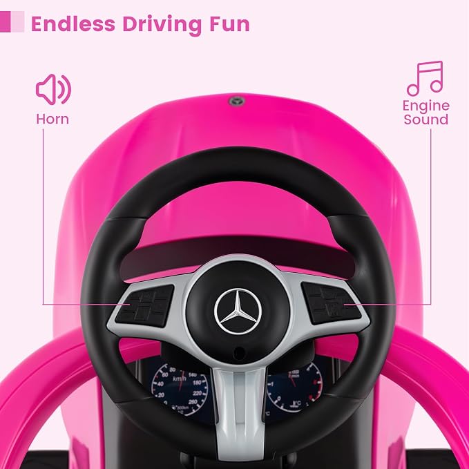 OLAKIDS Push Car for Toddlers, 3 in 1 Licensed Mercedes Benz Baby Sliding Walking with Parent Control Handle Adjustable Canopy Guardrail Under Seat Storage, Kids Ride on Toys with Horn (Pink)
